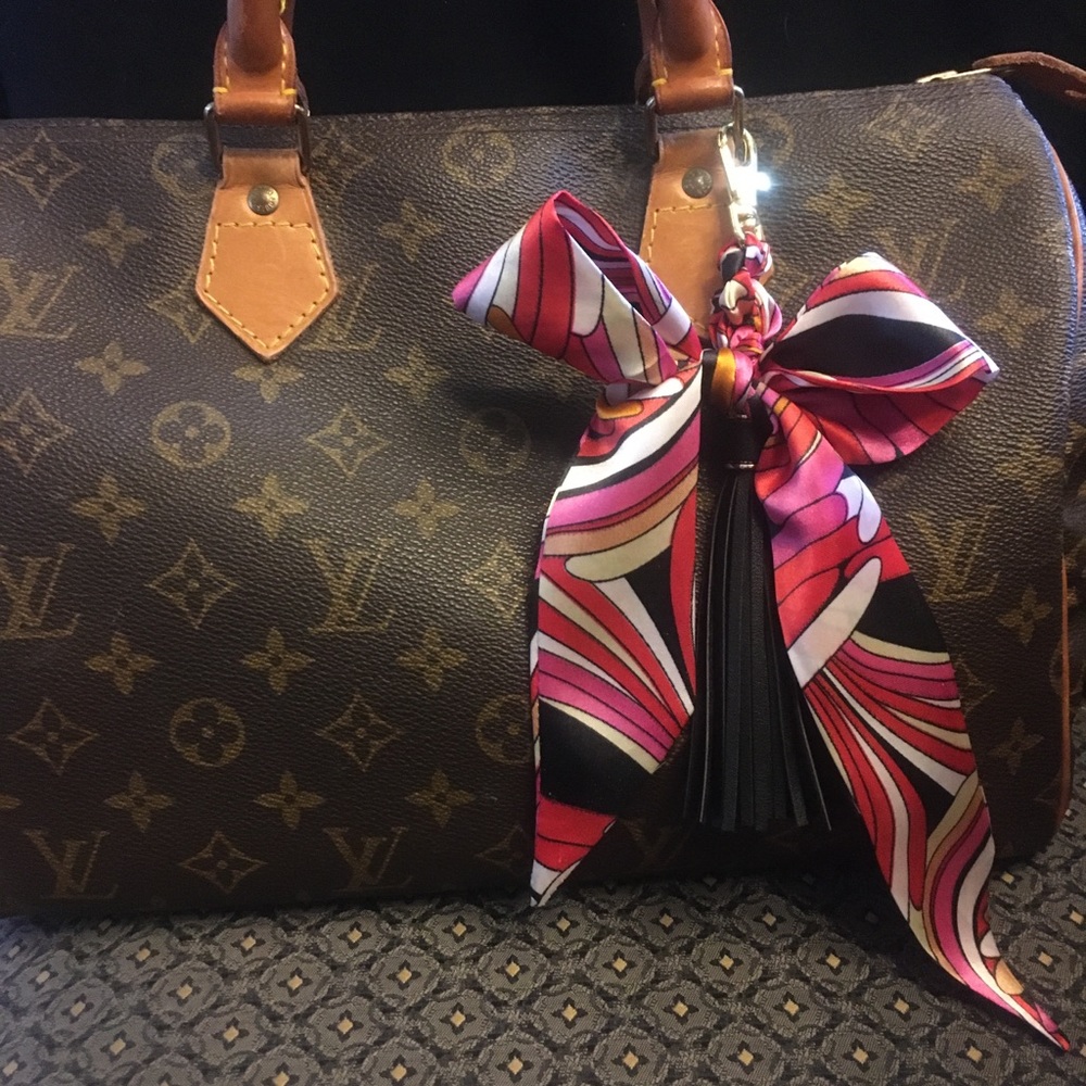 Purse scarf tassel clip bag charm  colors pink red black design LAST ONE
